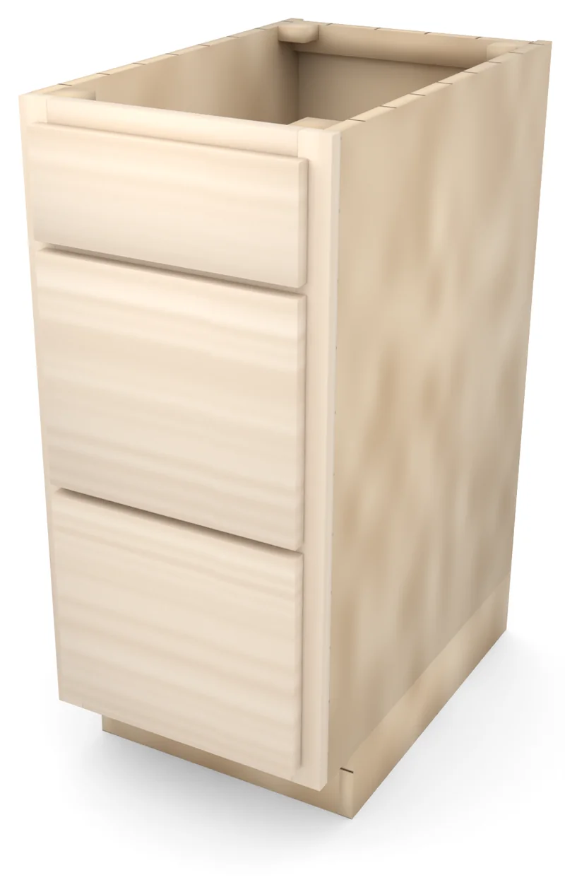 Brushhollow 15" 3-drawer base, slab fronts, 3/4 view, unfinished