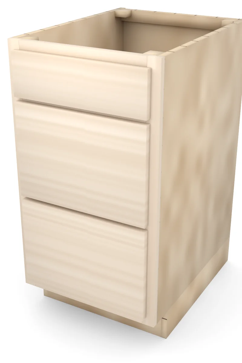 Brushhollow 18" 3-drawer base, slab fronts, 3/4 view, unfinished