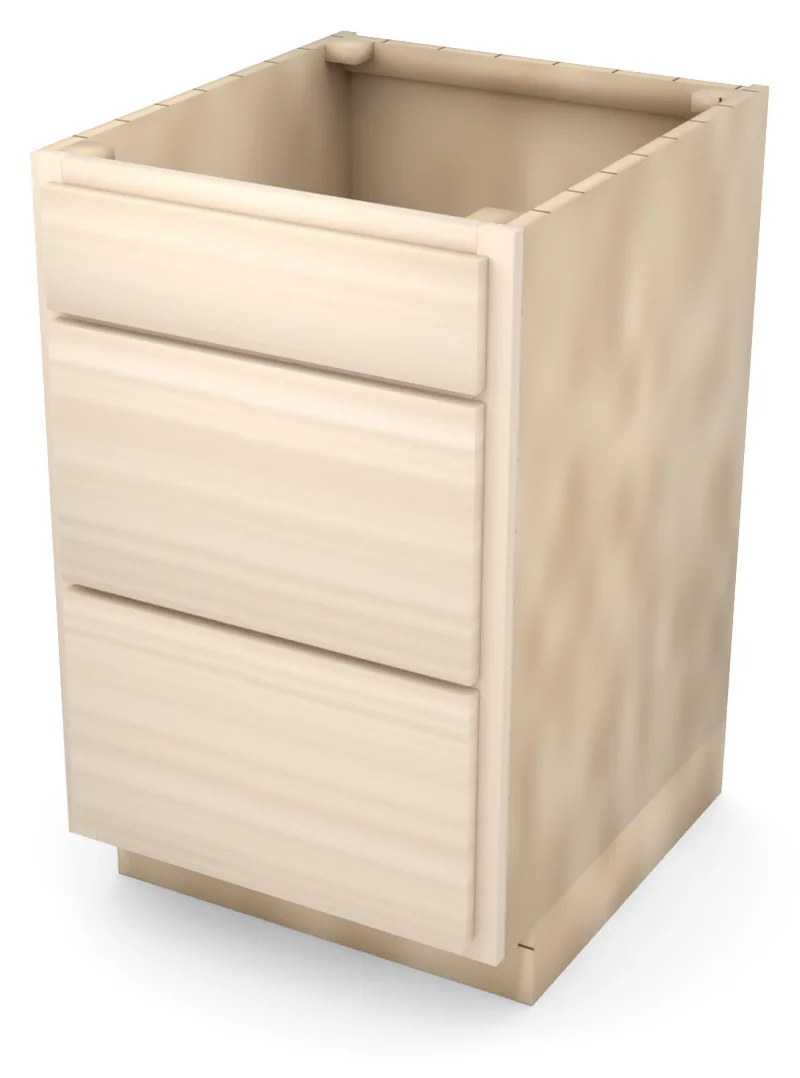 Brushhollow 21" 3-drawer base, slab fronts, 3/4 view, unfinished