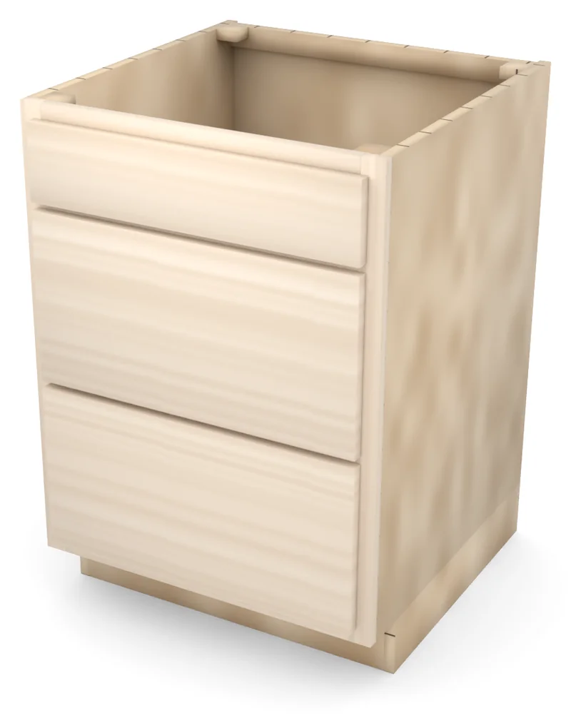 Brushhollow 24" 3-drawer base, slab fronts, 3/4 view, unfinished