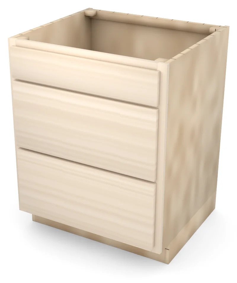 Brushhollow 27" 3-drawer base, slab fronts, 3/4 view, unfinished