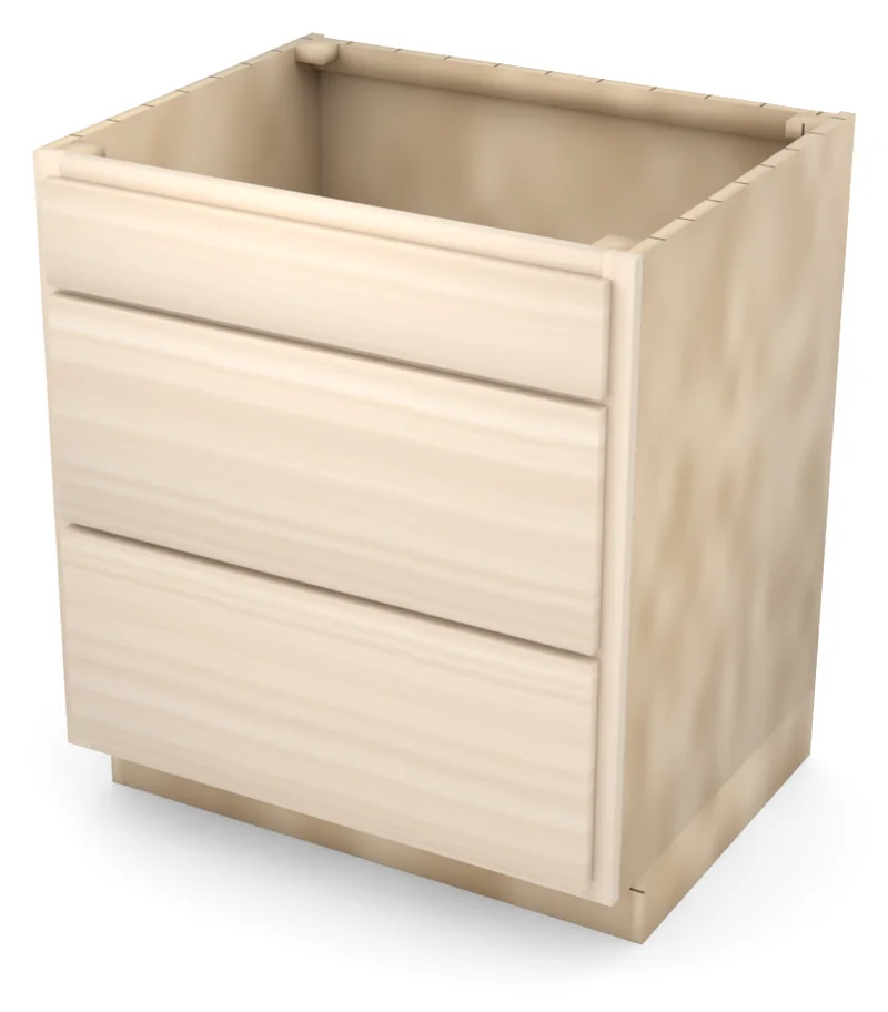 Brushhollow 30" 3-drawer base, slab fronts, 3/4 view, unfinished