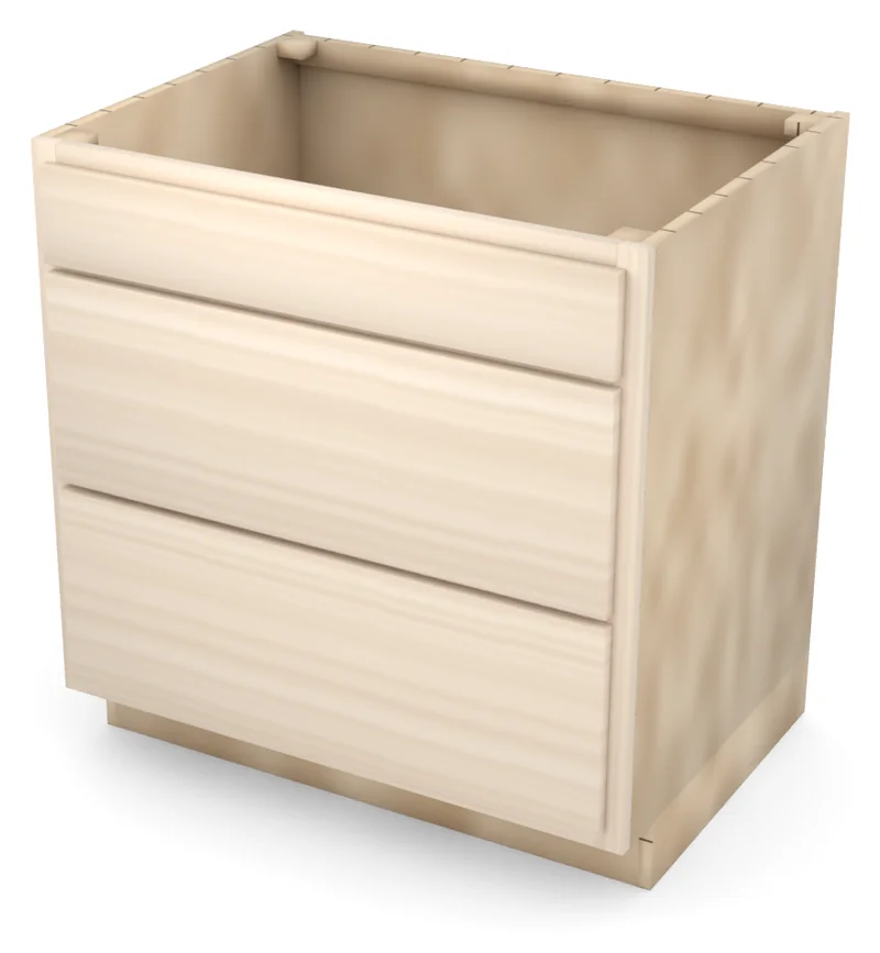 Brushhollow 33" 3-drawer base, slab fronts, 3/4 view, unfinished