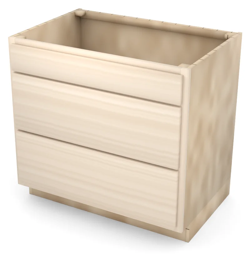 Brushhollow 36" 3-drawer base, slab fronts, 3/4 view, unfinished