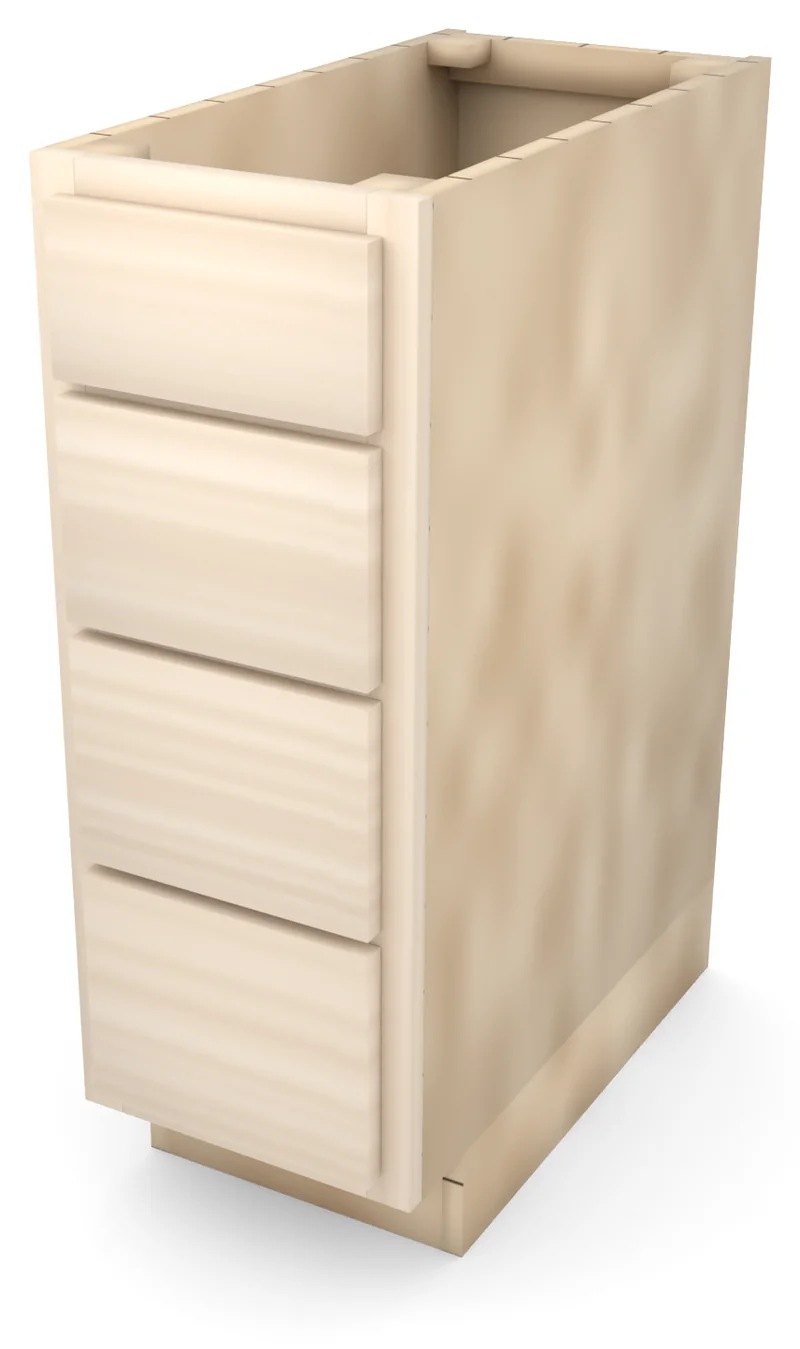 Brushhollow 12" 4-drawer base, slab fronts, 3/4 view, unfinished