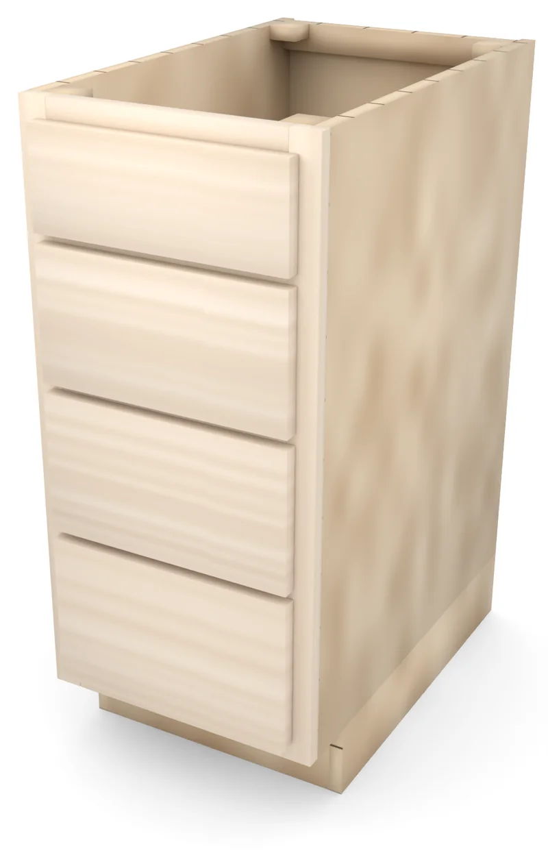 Brushhollow 15" 4-drawer base, slab fronts, 3/4 view, unfinished