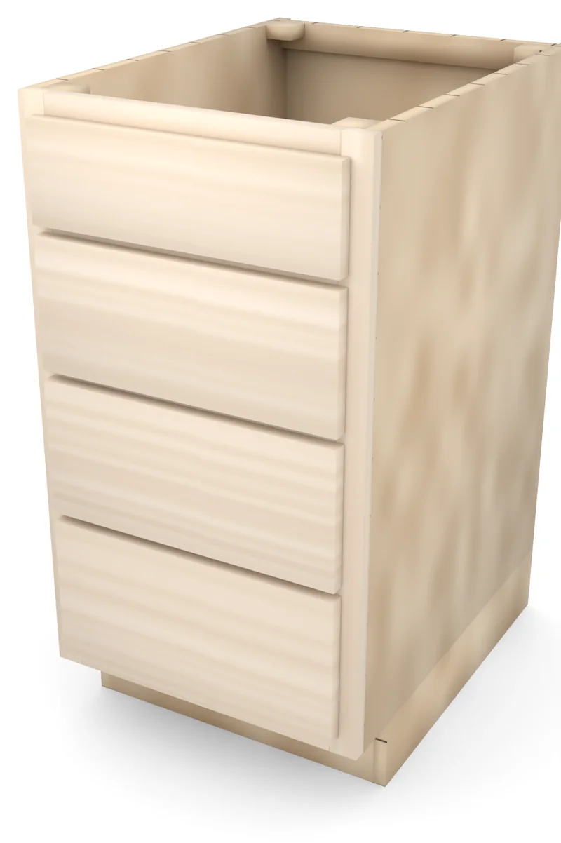 Brushhollow 18" 4-drawer base, slab fronts, 3/4 view, unfinished