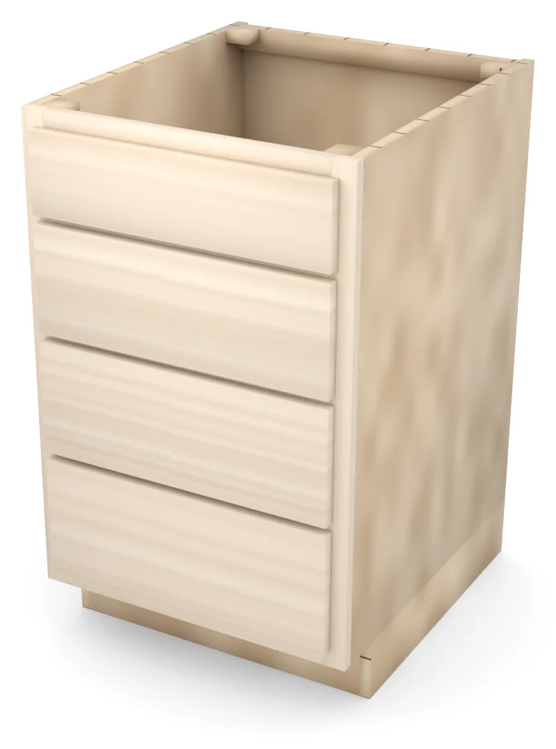 Brushhollow 21" 4-drawer base, slab fronts, 3/4 view, unfinished