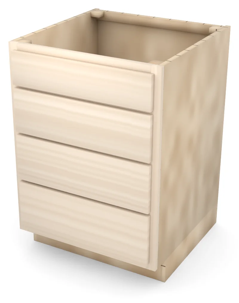 Brushhollow 24" 4-drawer base, slab fronts, 3/4 view, unfinished