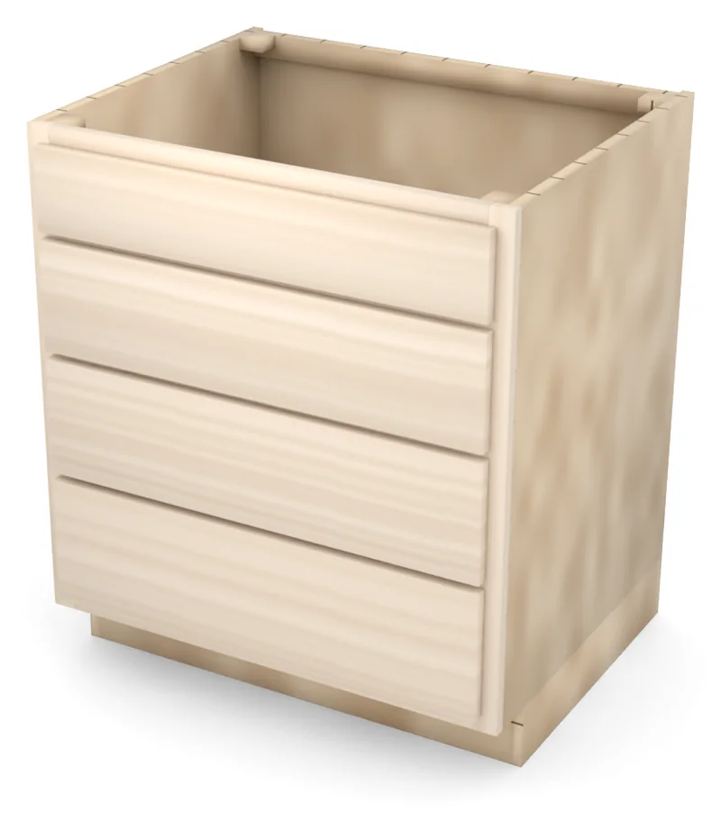 Brushhollow 30" 4-drawer base, slab fronts, 3/4 view, unfinished