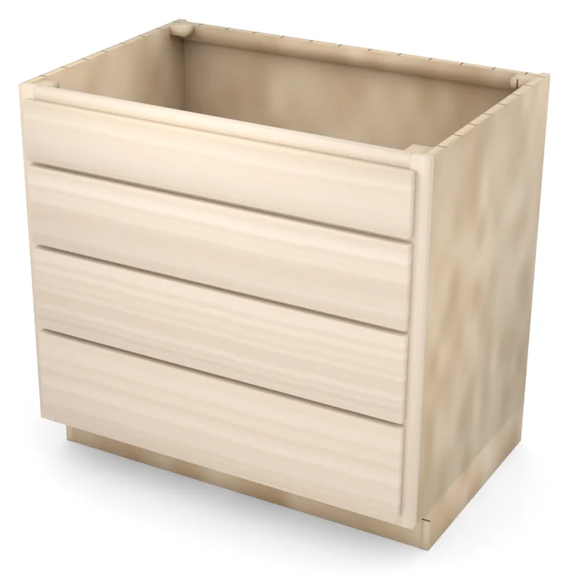 Brushhollow 36" 4-drawer base, slab fronts, 3/4 view, unfinished