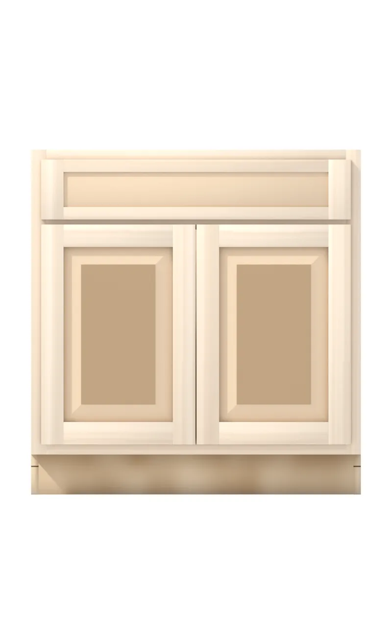 Ridgehollow 33" sink base, 5" false front over two 23" doors, raised panel, front view, unfinished