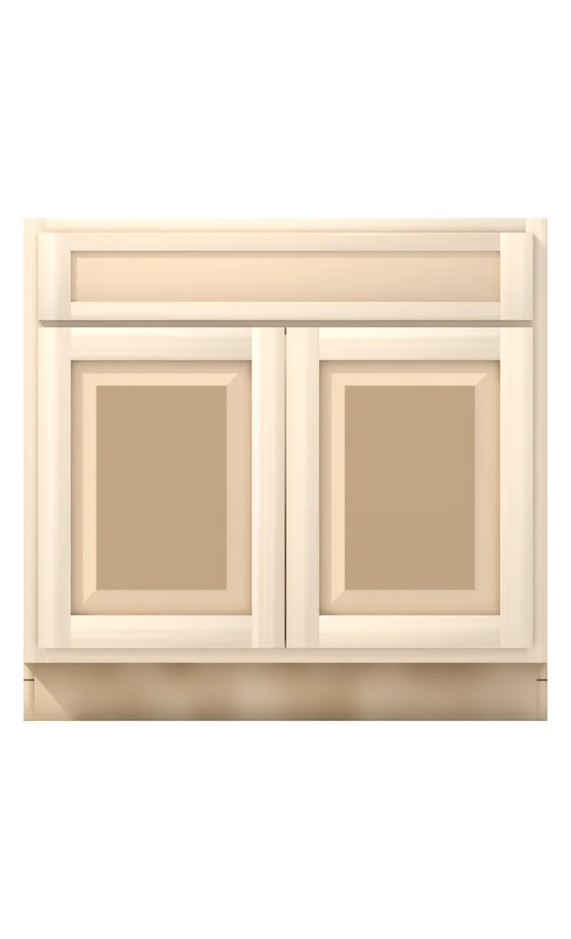 Ridgehollow 36" sink base, 5" false front over two 23" doors, raised panel, front view, unfinished